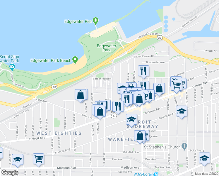 map of restaurants, bars, coffee shops, grocery stores, and more near 1304 West 73rd Street in Cleveland