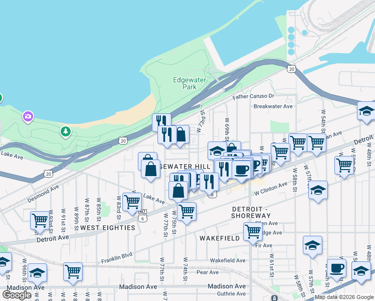 map of restaurants, bars, coffee shops, grocery stores, and more near 1304 West 73rd Street in Cleveland