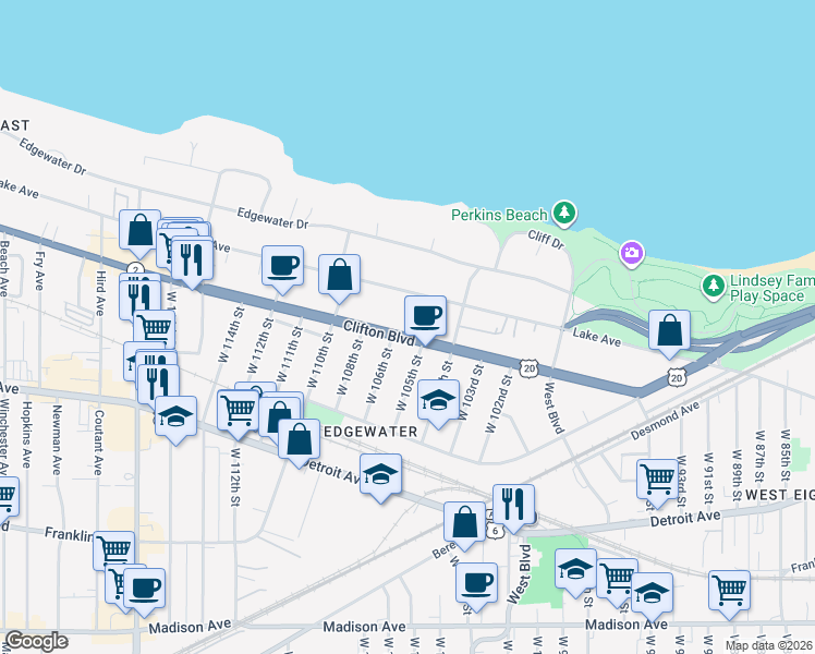 map of restaurants, bars, coffee shops, grocery stores, and more near 10428 Clifton Boulevard in Cleveland
