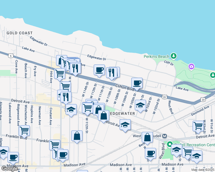 map of restaurants, bars, coffee shops, grocery stores, and more near 1273 West 111th Street in Cleveland