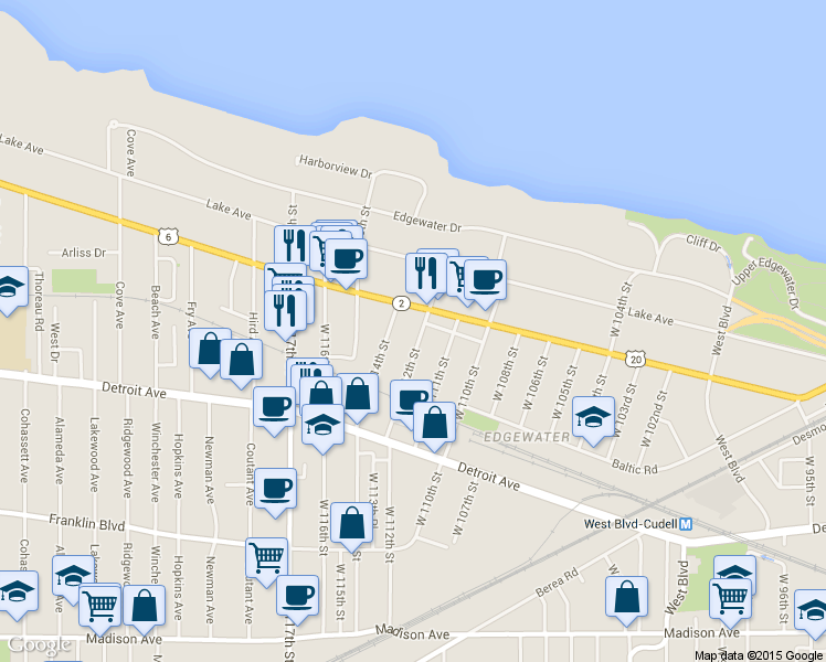 map of restaurants, bars, coffee shops, grocery stores, and more near 1283 West 112th Street in Cleveland