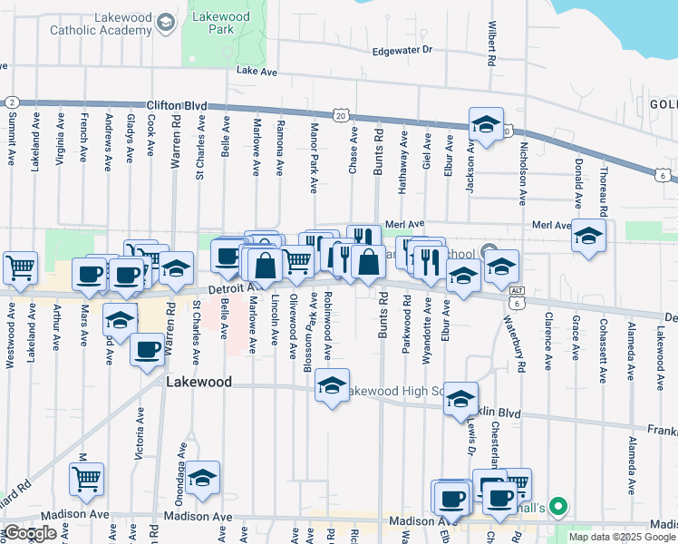 map of restaurants, bars, coffee shops, grocery stores, and more near 14202 Detroit Avenue in Lakewood