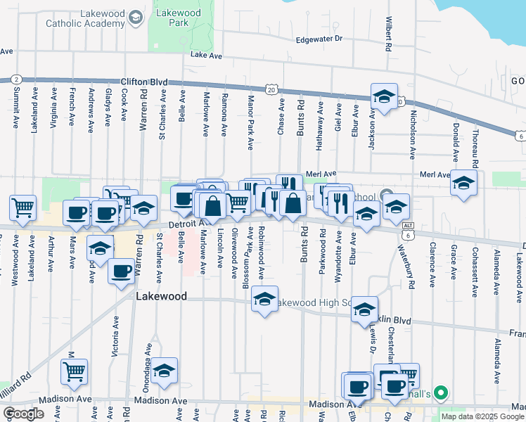 map of restaurants, bars, coffee shops, grocery stores, and more near 14202 Detroit Avenue in Lakewood
