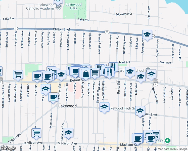 map of restaurants, bars, coffee shops, grocery stores, and more near in Lakewood