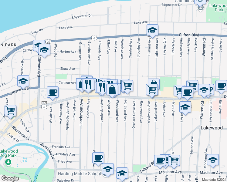 map of restaurants, bars, coffee shops, grocery stores, and more near 16306 Detroit Avenue in Lakewood