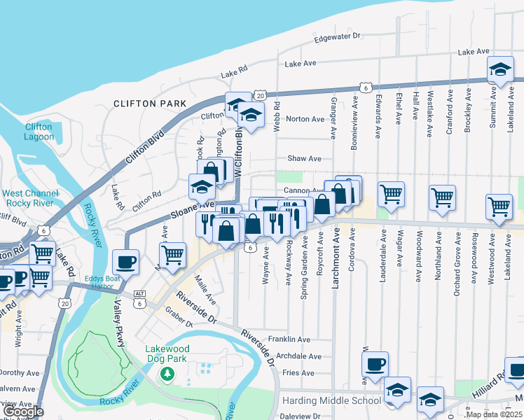 map of restaurants, bars, coffee shops, grocery stores, and more near 1372 Webb Road in Lakewood
