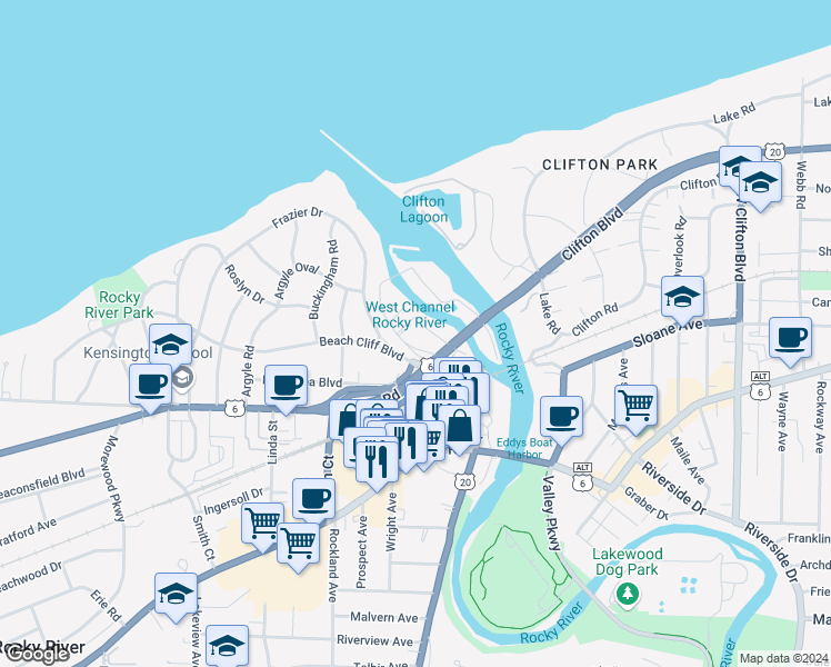 map of restaurants, bars, coffee shops, grocery stores, and more near 19204 Frazier Drive in Rocky River