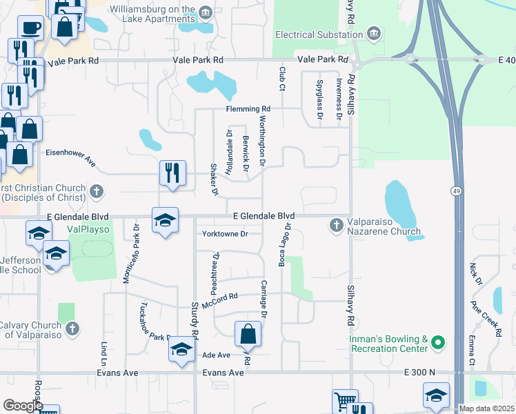 map of restaurants, bars, coffee shops, grocery stores, and more near 2230 East Glendale Boulevard in Valparaiso