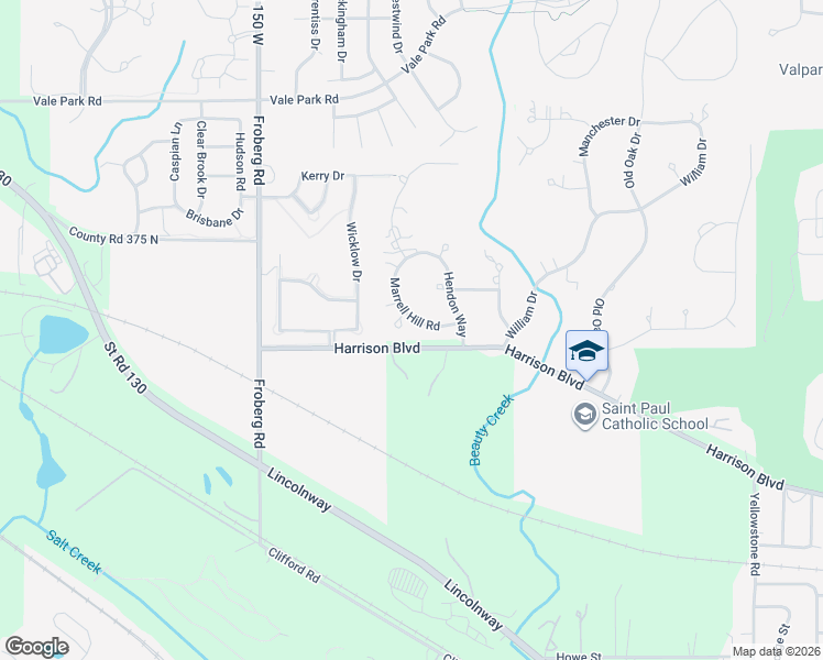 map of restaurants, bars, coffee shops, grocery stores, and more near Harrison Boulevard in Valparaiso