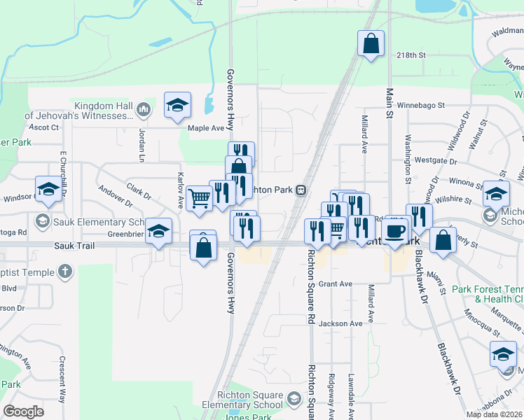 map of restaurants, bars, coffee shops, grocery stores, and more near 3905 Tower Drive in Richton Park