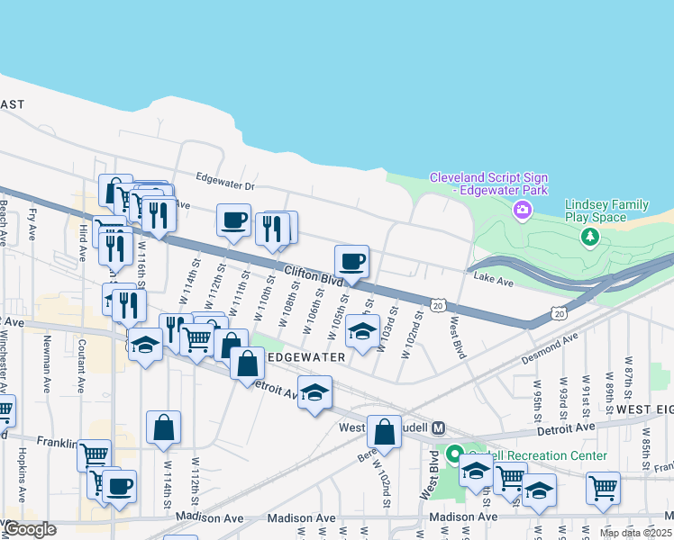 map of restaurants, bars, coffee shops, grocery stores, and more near 10428 Clifton Boulevard in Cleveland