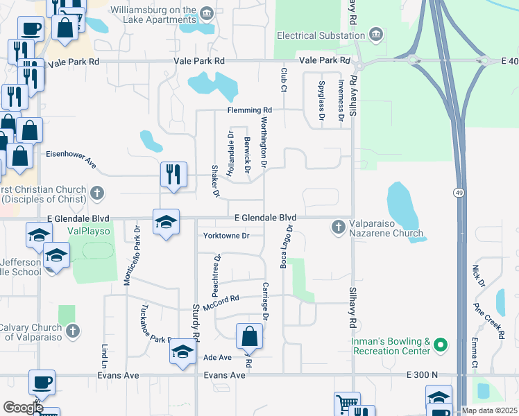 map of restaurants, bars, coffee shops, grocery stores, and more near 2230 East Glendale Boulevard in Valparaiso