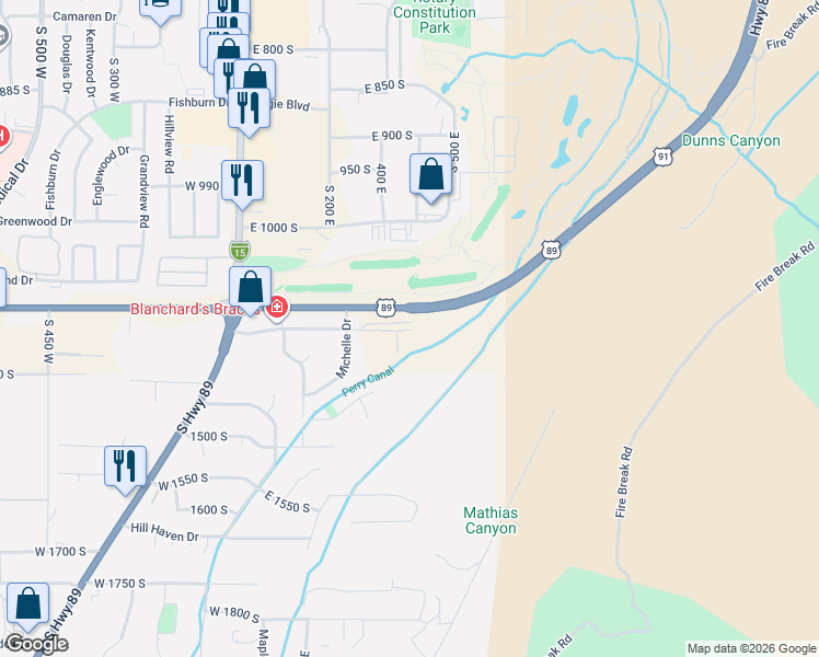map of restaurants, bars, coffee shops, grocery stores, and more near 417 Skyline Drive in Brigham City