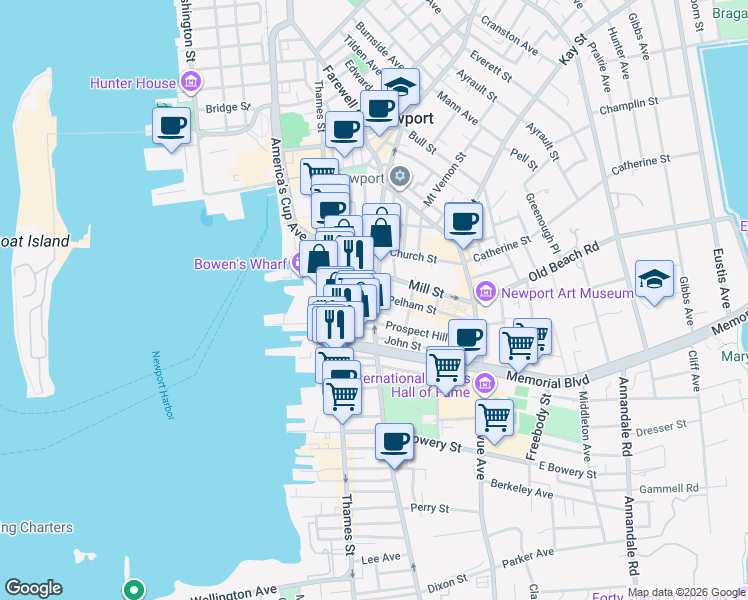 map of restaurants, bars, coffee shops, grocery stores, and more near 47 Pelham Street in Newport