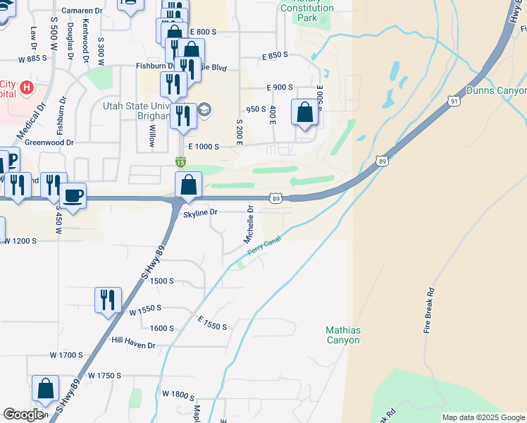 map of restaurants, bars, coffee shops, grocery stores, and more near 337 Skyline Drive in Brigham City