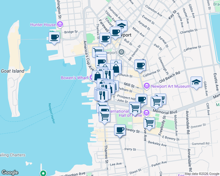 map of restaurants, bars, coffee shops, grocery stores, and more near 35 Pelham Street in Newport