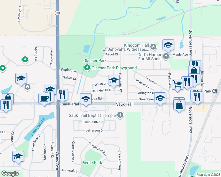 map of restaurants, bars, coffee shops, grocery stores, and more near 4452 Churchill Drive South in Richton Park