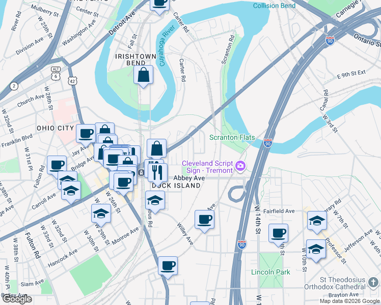 map of restaurants, bars, coffee shops, grocery stores, and more near in Cleveland