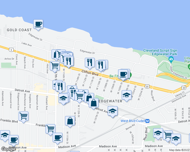 map of restaurants, bars, coffee shops, grocery stores, and more near 11027 Clifton Boulevard in Cleveland
