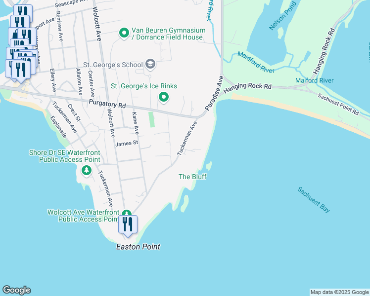 map of restaurants, bars, coffee shops, grocery stores, and more near 595 Tuckerman Avenue in Middletown