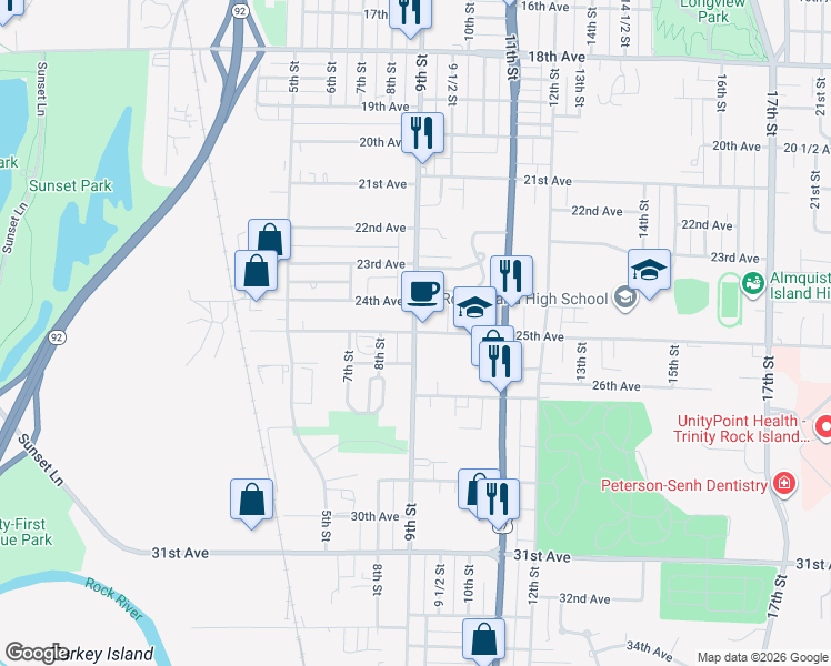 map of restaurants, bars, coffee shops, grocery stores, and more near 2503 9th Street in Rock Island