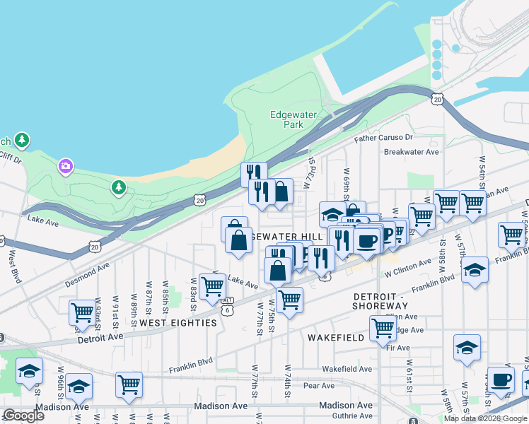 map of restaurants, bars, coffee shops, grocery stores, and more near 7428 Goodwalt Avenue in Cleveland