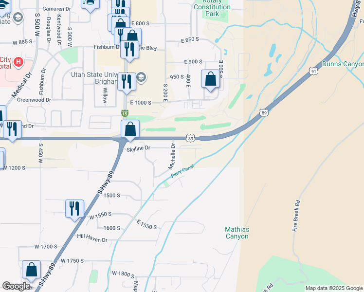 map of restaurants, bars, coffee shops, grocery stores, and more near 337 Skyline Drive in Brigham City