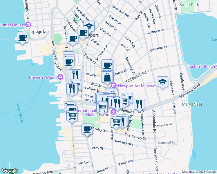 map of restaurants, bars, coffee shops, grocery stores, and more near 76 Bellevue Avenue in Newport