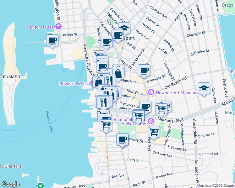 map of restaurants, bars, coffee shops, grocery stores, and more near 209 Spring Street in Newport