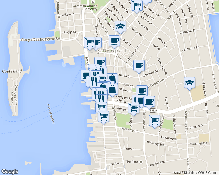 map of restaurants, bars, coffee shops, grocery stores, and more near 209 Spring Street in Newport