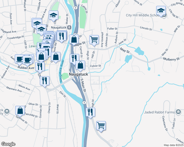 map of restaurants, bars, coffee shops, grocery stores, and more near 167 High Street in Naugatuck