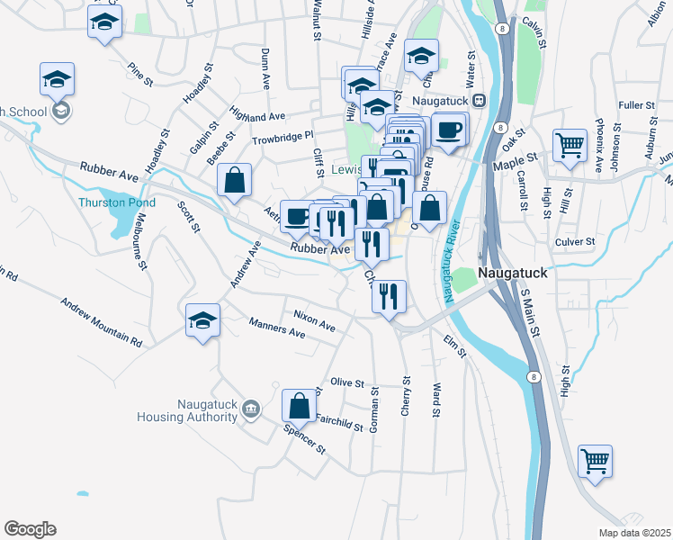 map of restaurants, bars, coffee shops, grocery stores, and more near 47 Arch Street in Naugatuck