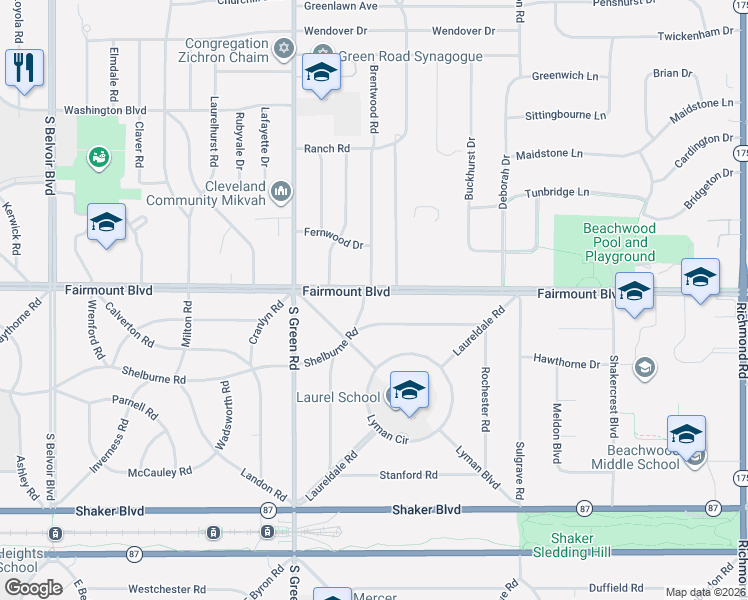map of restaurants, bars, coffee shops, grocery stores, and more near 23575 Shelburne Road in Shaker Heights