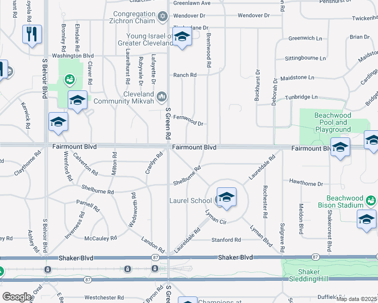 map of restaurants, bars, coffee shops, grocery stores, and more near 23176 Lyman Boulevard in Shaker Heights
