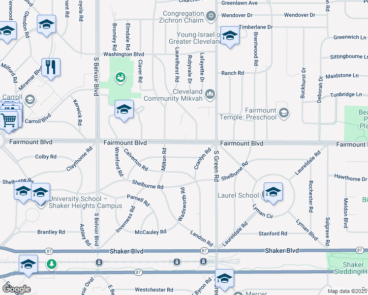 map of restaurants, bars, coffee shops, grocery stores, and more near 22575 Douglas Road in Shaker Heights