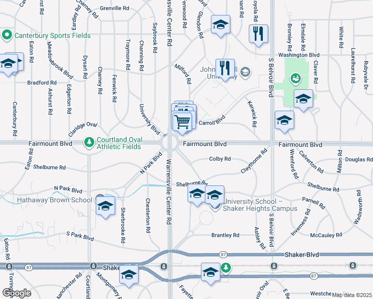 map of restaurants, bars, coffee shops, grocery stores, and more near 20550 University Boulevard in Shaker Heights