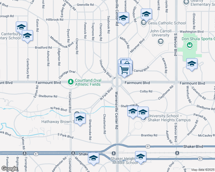 map of restaurants, bars, coffee shops, grocery stores, and more near 20300 North Park Boulevard in Shaker Heights