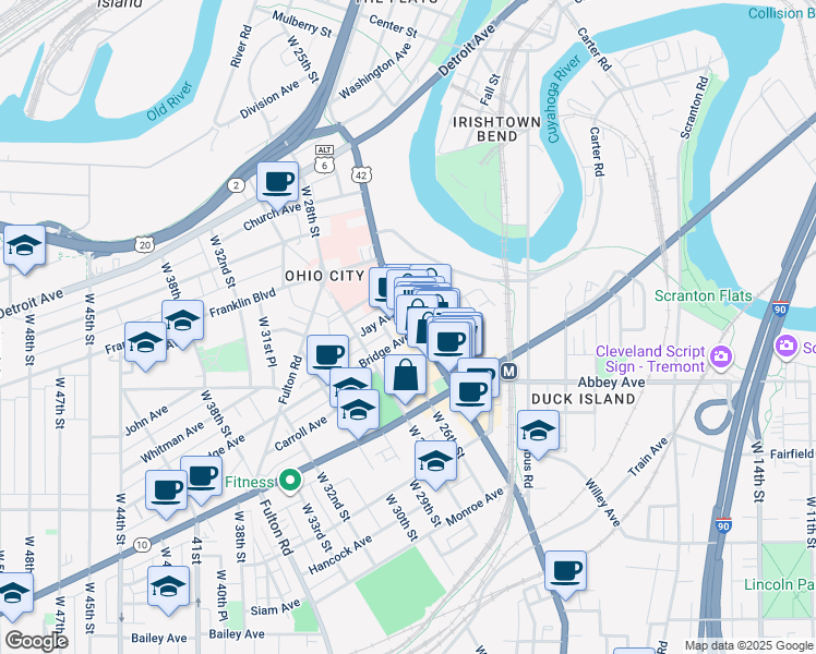 map of restaurants, bars, coffee shops, grocery stores, and more near in Cleveland