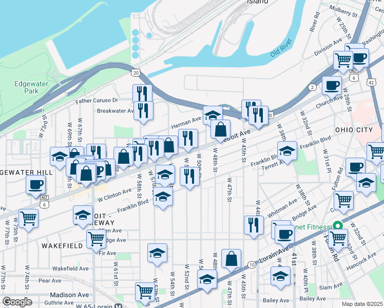 map of restaurants, bars, coffee shops, grocery stores, and more near 1428 West 50th Street in Cleveland