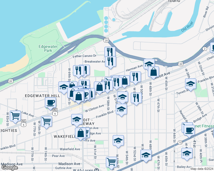 map of restaurants, bars, coffee shops, grocery stores, and more near 1387 West 58th Street in Cleveland