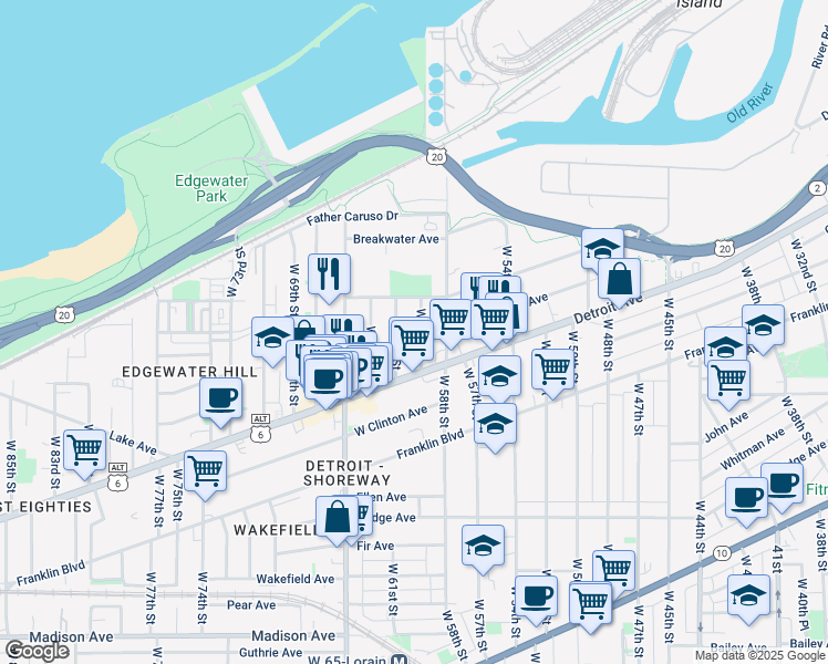 map of restaurants, bars, coffee shops, grocery stores, and more near in Cleveland