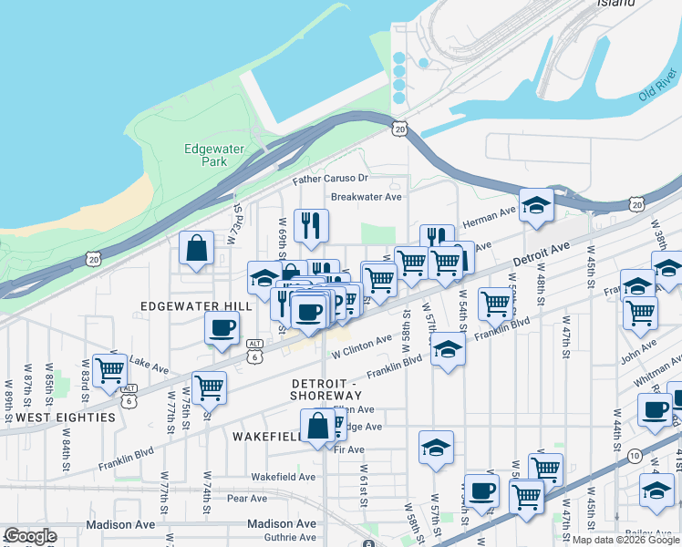 map of restaurants, bars, coffee shops, grocery stores, and more near 1353 West 64th Street in Cleveland