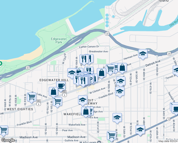 map of restaurants, bars, coffee shops, grocery stores, and more near 1346 West 65th Street in Cleveland