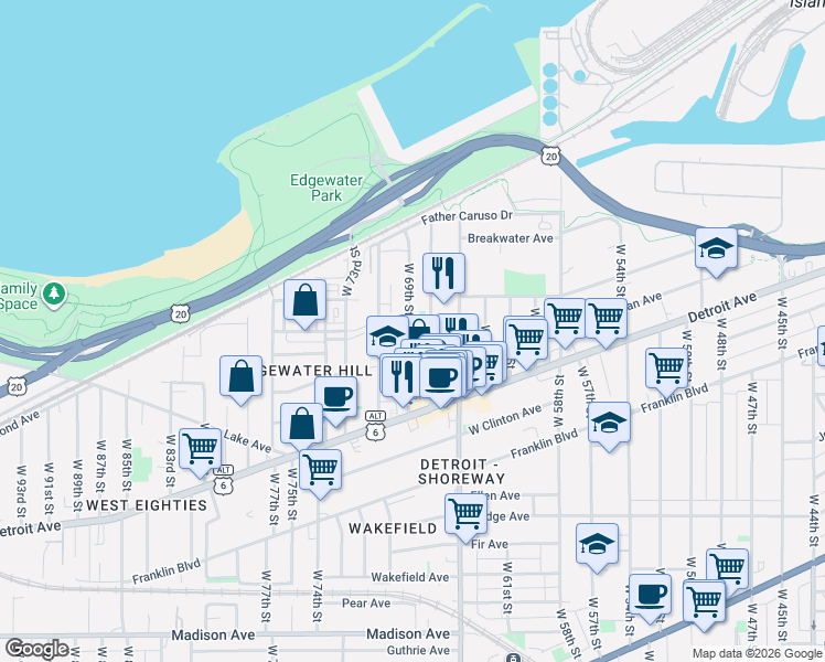 map of restaurants, bars, coffee shops, grocery stores, and more near 1329 West 69th Street in Cleveland