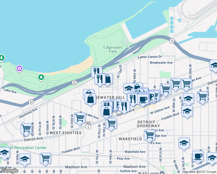map of restaurants, bars, coffee shops, grocery stores, and more near 7428 Goodwalt Avenue in Cleveland