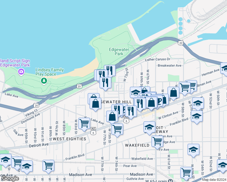 map of restaurants, bars, coffee shops, grocery stores, and more near 7428 Goodwalt Avenue in Cleveland
