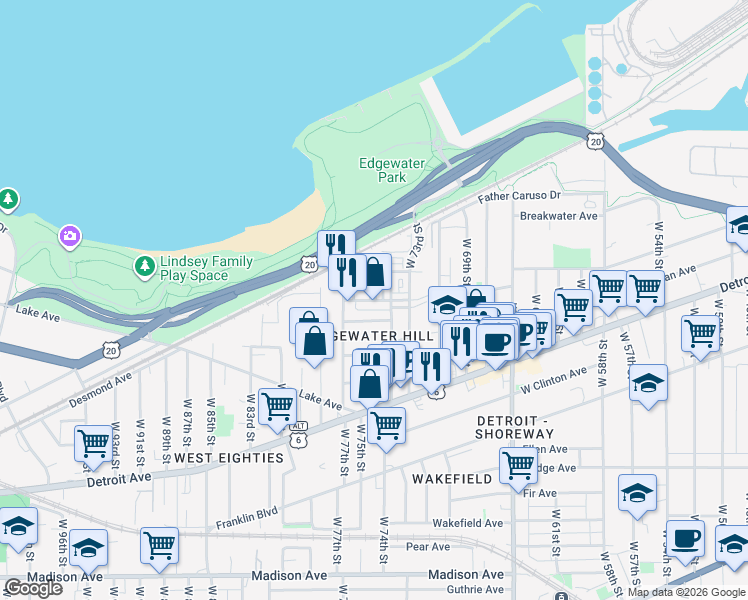 map of restaurants, bars, coffee shops, grocery stores, and more near 7428 Goodwalt Avenue in Cleveland
