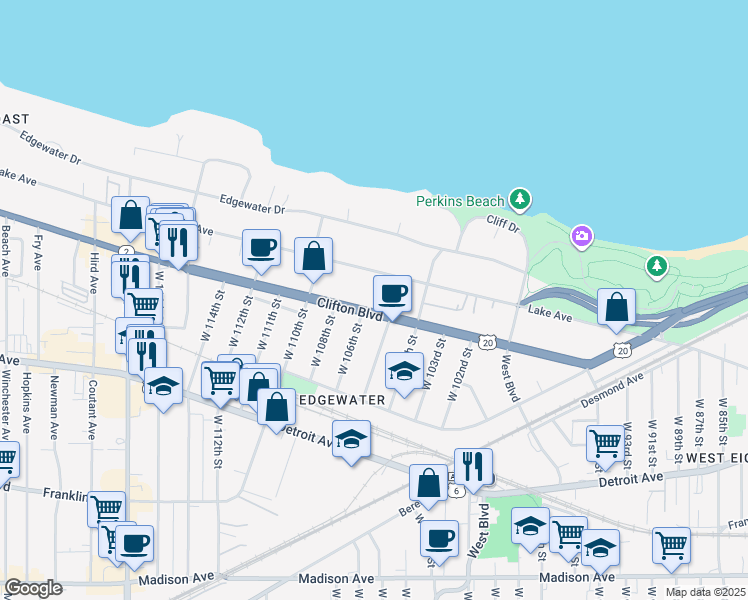 map of restaurants, bars, coffee shops, grocery stores, and more near 10428 Clifton Boulevard in Cleveland