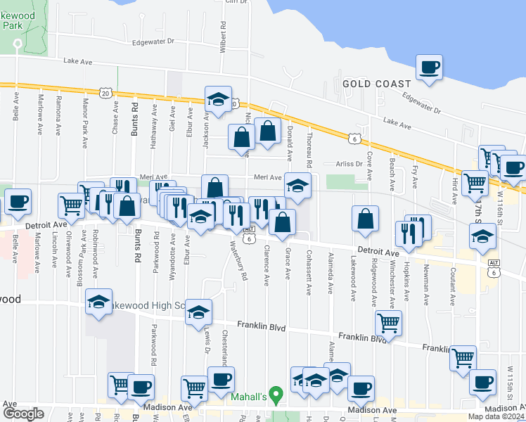 map of restaurants, bars, coffee shops, grocery stores, and more near in Lakewood