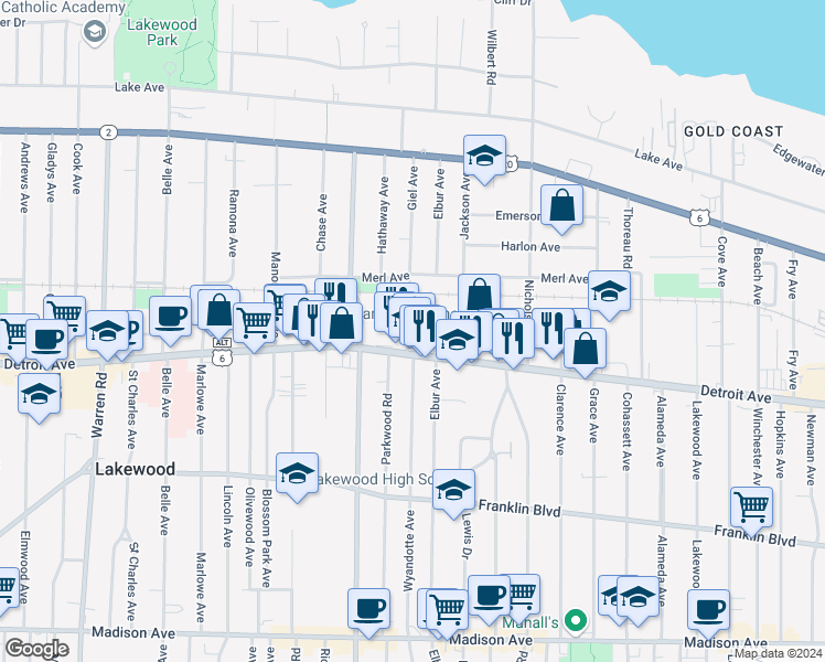 map of restaurants, bars, coffee shops, grocery stores, and more near in Lakewood